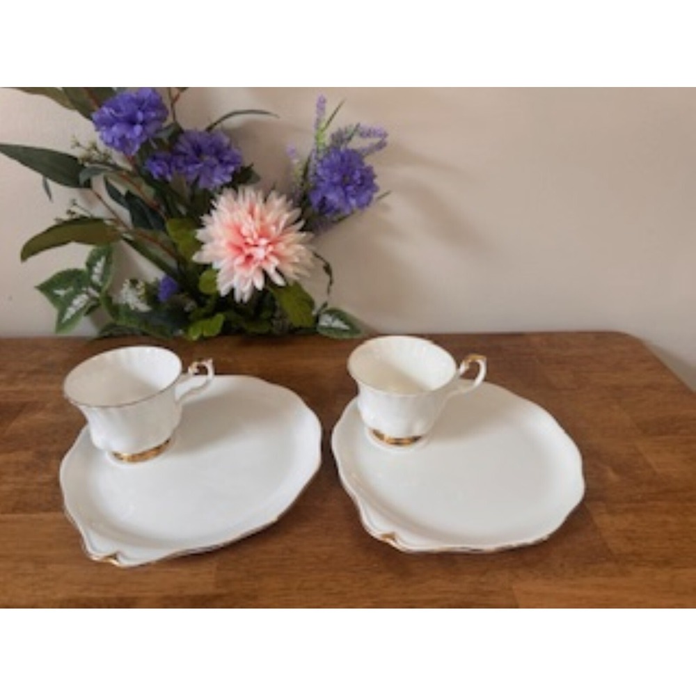 Royal Albert Val D'Or Snack Plate Teacup Duo Bone China White 22K Gold Trim